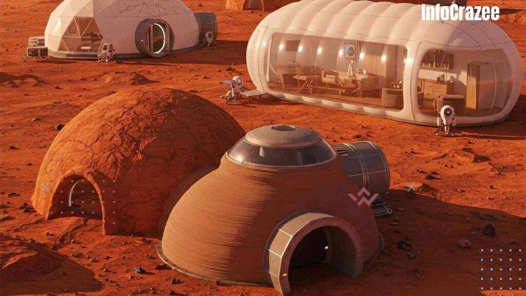 Dome-shaped, 3D-printed homes made from Martian soil, some partially buried. One has an underground tunnel entrance, and another is a large, inflatable habitat with Earth-like interiors visible through a clear section.