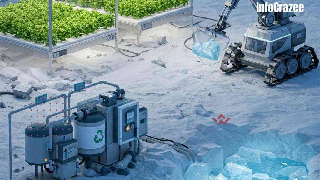 A meticulously designed hydroponic greenhouse showcases vibrant green crops under artificial LED lights. A state-of-the-art water recycling station features transparent pipes and labeled tanks. A futuristic robotic drill extracts ice from the frozen earth.