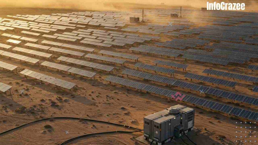 An array of solar panels and a small nuclear reactor unit are connected by cables. Dust storms swirl in the background.