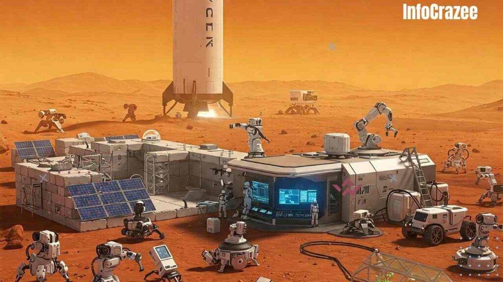 A futuristic Mars colony under construction with a SpaceX Starship rocket, robots 3D-printing habitats, installing solar panels, and drilling for resources. A command hub is monitored by astronauts and robots, and a greenhouse is tended by an AI arm.