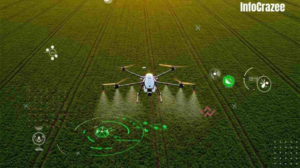 A large green crop field seen from above, with a sleek agricultural drone flying over it. The drone has cameras and spraying nozzles, releasing a mist of fertilizer or pesticide. The field is divided into healthy and slightly damaged crop zones, with digital overlays showing pest detection and crop health analysis. The background shows a sunrise, conveying progress and innovation in farming.