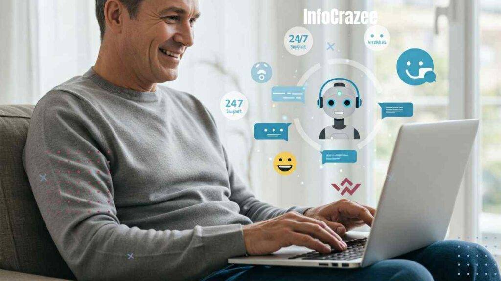 A smiling middle-aged man with short grey hair sits comfortably on a light brown couch, looking at and typing on a silver laptop resting on his lap. He's wearing a grey sweater and blue jeans. Above the laptop, translucent digital icons and speech bubbles surround a cartoon-style robot head with headphones, representing an AI chatbot. The icons include '24/7 Support' in a circular badge, a speech bubble with three dots (indicating typing), a happy face emoji, a microphone (for voice assistant), and a smiling face emoji with analytics bars and the word 'analysis' (for sentiment analysis). The background is softly blurred, showing a bright interior with a glimpse of a window and sheer white curtains. The overall impression is one of ease and positive interaction with AI-powered customer service.