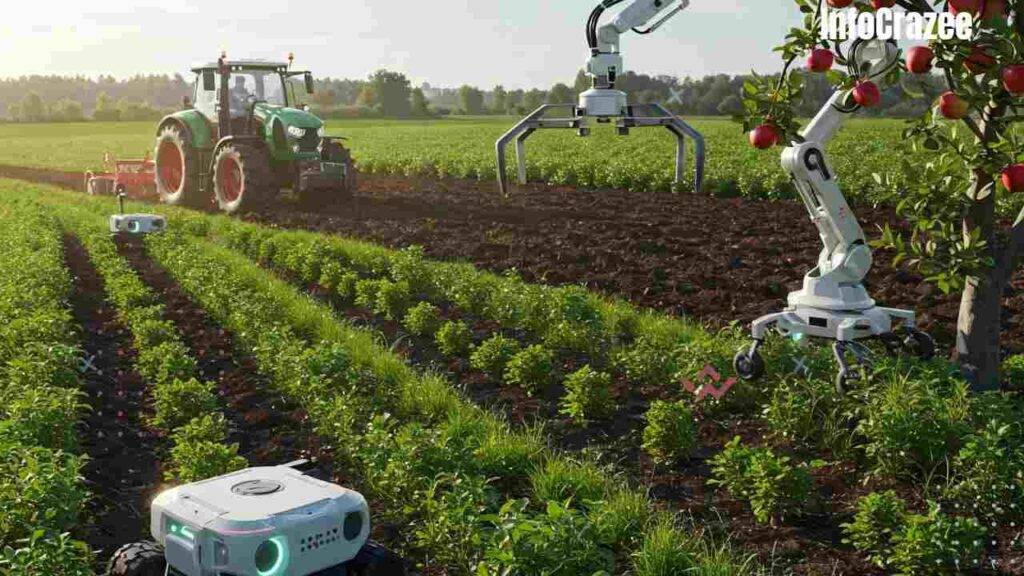 A bright, modern farm scene features a self-driving tractor plowing a field in the background. In the foreground, a sleek robotic arm gently picks ripe apples from a tree, and a small robot removes weeds between crop rows. The setting is a clean, high-tech, and productive farming environment.