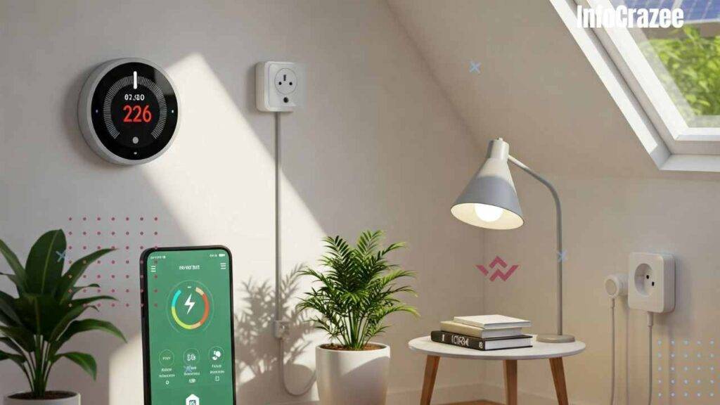 A bright and inviting modern smart home interior showcases visible technology. A smart thermostat is mounted on a white wall. Sunlight streams through a window, revealing solar panels on the roof. A smartphone rests on the wooden floor, displaying an energy monitoring app with colorful graphs. A smart plug connects a minimalist lamp to the wall, with a subtle digital interface indicating energy consumption. Green plants in white pots add an eco-friendly touch to the clean and comfortable space, bathed in soft light.