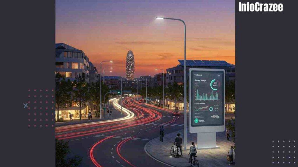 A futuristic cityscape at dusk with smart LED streetlights that glow softly when pedestrians or cyclists pass by. Roads have minimal traffic thanks to smart traffic systems with real-time traffic flow displays. Solar panels are installed on rooftops and in shared community spaces. A digital sign shows community energy savings and air quality stats. Include a subtle nod to Barcelona’s architecture in the background to hint at real-world implementation. Style: Futuristic yet realistic, clean, and eco-friendly with soft ambient lighting.