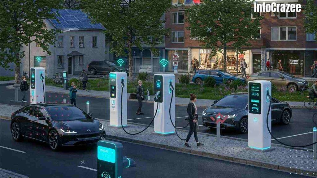 A modern city street features multiple electric vehicles charging at smart public stations, some with solar panels. One EV connects to a home, showing vehicle-to-home energy transfer. A digital screen displays energy pricing and charging status. The clean, green environment includes pedestrians and cyclists. A billboard in the background reads "Over 80% EV Adoption," referencing places like Norway. The style is realistic, clean, and forward-looking, with vibrant lighting and eco-tech details.