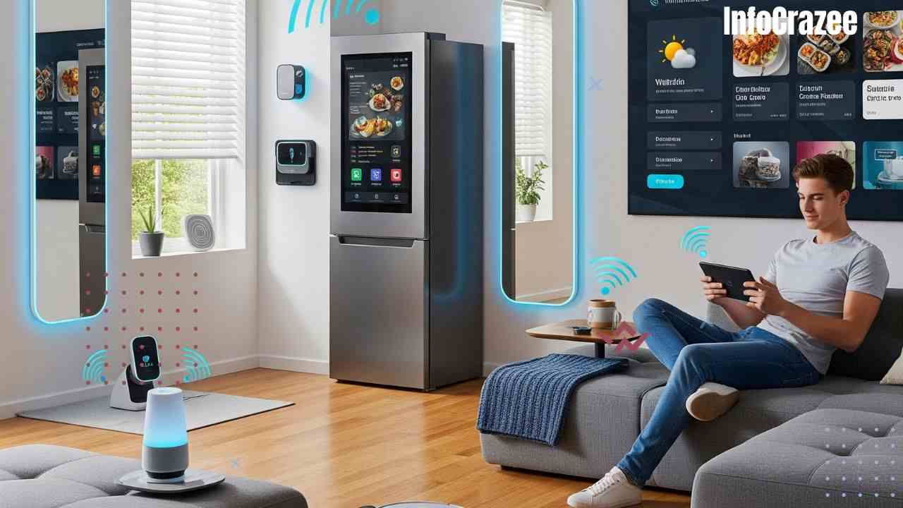 A modern, cozy smart home interior filled with futuristic but practical gadgets. A voice-controlled smart assistant is managing lights and temperature. A robotic vacuum is cleaning the floor, while a smart fridge with a touch screen displays recipes. A person relaxes on a sofa using a tablet to control appliances. Smart mirrors, automated blinds, and a wall display showing weather and schedules add to the tech-savvy feel. The scene is bright, friendly, and livable—showing convenience, comfort, and ease of use