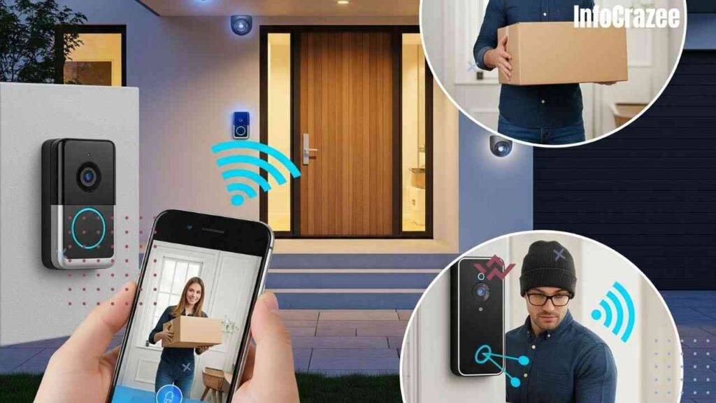 A modern suburban home is shown with visible smart security features. A sleek video doorbell captures a visitor, while a person views the live feed on their smartphone. A smart lock glows softly, indicating its readiness for control. Subtle motion-sensor cameras are placed at the corners of the house. In a smaller inset, a package thief is visibly startled by a voice speaking through the doorbell, stopping their attempt. The scene conveys a sense of security, modernity, and reassurance.