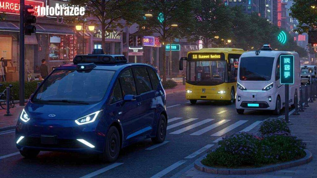 A futuristic city street showcasing self-driving technology: a robotaxi picks up passengers with no driver inside, an autonomous bus is picking up riders, and a self-driving delivery van is unloading packages. The scene includes smart traffic signals, digital road signs, and a clean, modern urban environment, illustrating the seamless integration of autonomous vehicles in everyday city life.