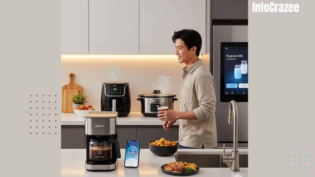 A sleek, modern kitchen is filled with smart appliances. A smart coffee maker brews fresh coffee as a morning alarm sounds from a nearby phone. An app-controlled air fryer and a smart slow cooker sit on the counter, displaying digital interfaces. A smart fridge's screen reminds the user to buy milk. A person enters the kitchen, greeted by the aroma of coffee. The warm, inviting lighting highlights the ease and comfort of this connected cooking space.