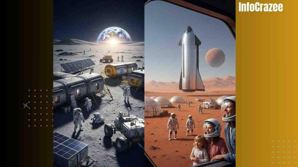A futuristic split-scene shows a Moon base with astronauts, habitats, and a rover under an Earth-lit sky, contrasted with a Mars colony where a Starship has landed near domed greenhouses and settlers.