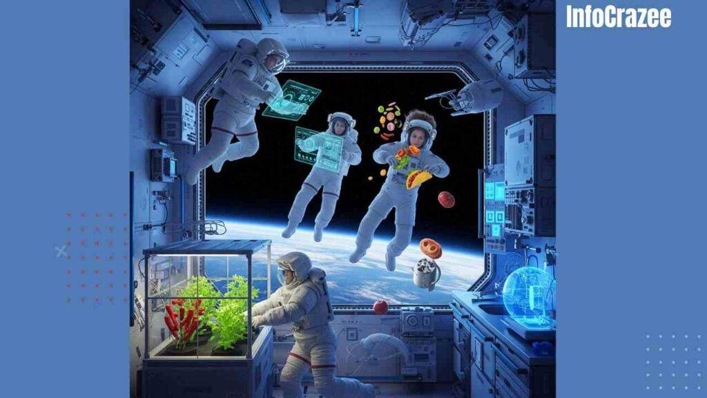 Inside a futuristic space station, astronauts float in zero gravity. One tends to a greenhouse, another uses a tablet. Earth glows in the window. An astronaut makes a taco with floating ingredients. Equipment tests materials in microgravity. The scene is lively, scientific, and human.