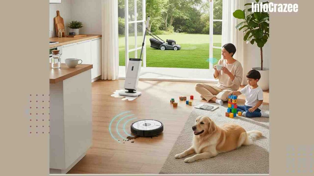 A bright, modern home features a robot vacuum cleaning near a dog, a robot mop cleaning a spill, and a robot lawnmower outside. A relaxed parent enjoys coffee while a child plays, showcasing the ease that home robots bring to everyday life.