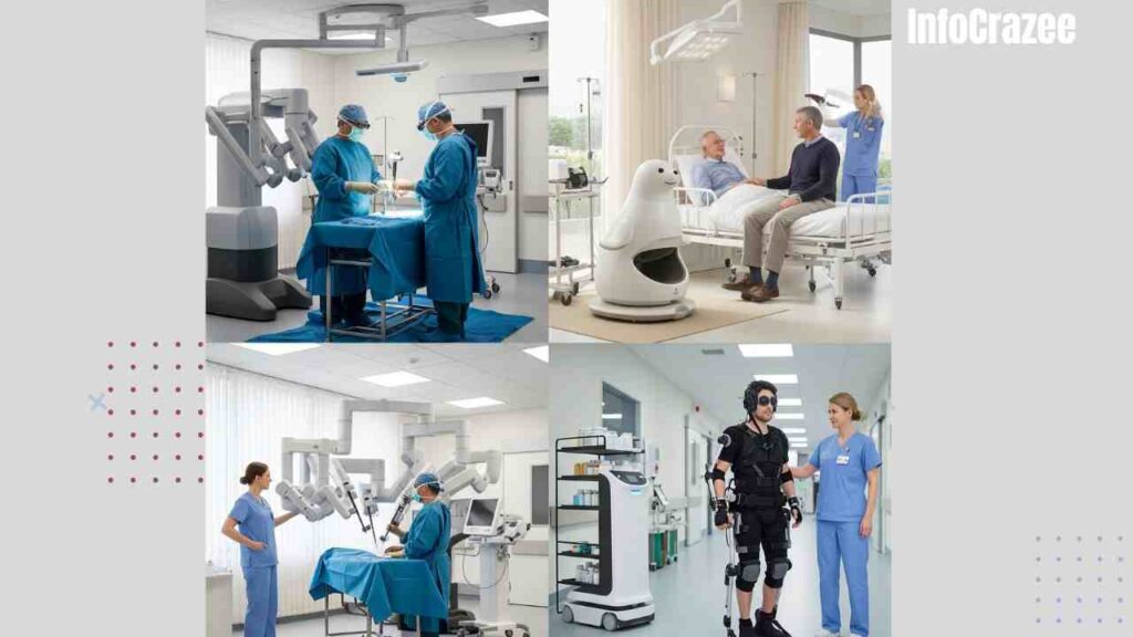 A bright, modern hospital scene features healthcare robots in action. A surgical robot assists a surgeon, a therapy robot comforts a patient, a delivery robot transports supplies, and a patient uses an exoskeleton with a therapist. The atmosphere is caring, high-tech, and hopeful.