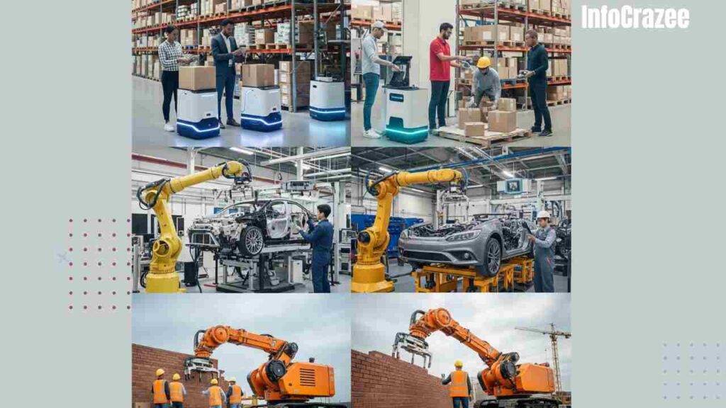A dynamic work environment shows robots and humans collaborating. Autonomous robots move packages in a warehouse, robotic arms assemble car parts in a factory, and a brick-laying robot builds a wall at a construction site. The scene is energetic and high-tech, highlighting cooperation across industries.