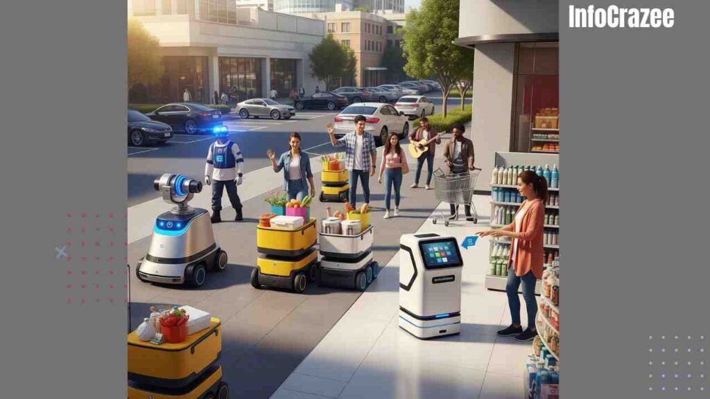 A lively city scene features delivery robots, a security robot in a parking lot, and a store robot assisting customers. People interact with the robots in this bustling, friendly, and futuristic setting. Do you need anything else