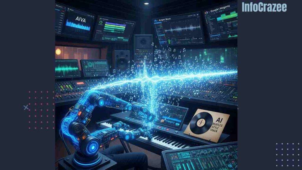 A vibrant digital scene depicts an AI-powered music studio where a robotic arm plays a digital piano, surrounded by musical notes and waveforms. Screens display AI music tools, and the studio blends classic and futuristic elements.