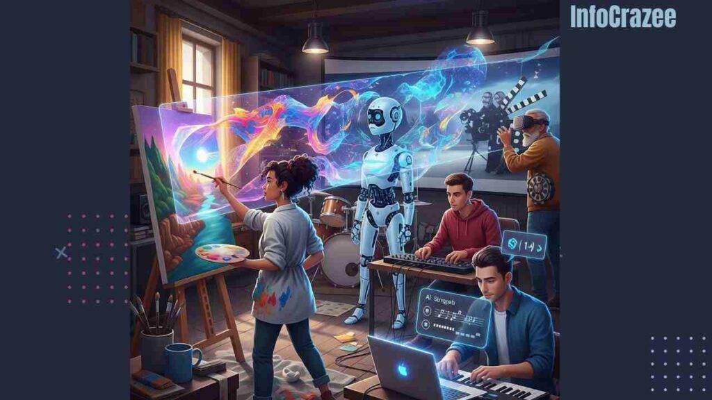 A vibrant illustration depicts a human artist painting, inspired by an AI-generated hologram, alongside a musician tweaking beats with AI suggestions, and a filmmaker using AI for special effects, all within a studio that blends traditional and futuristic tools