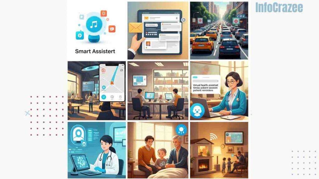 A bright, uplifting collage shows AI simplifying various aspects of life. It features a smart assistant, email filters, navigation, office productivity, AI-analyzed medical images, a virtual health assistant, and a smart home. A family monitors an elderly relative's health through AI, conveying a hopeful and caring mood.