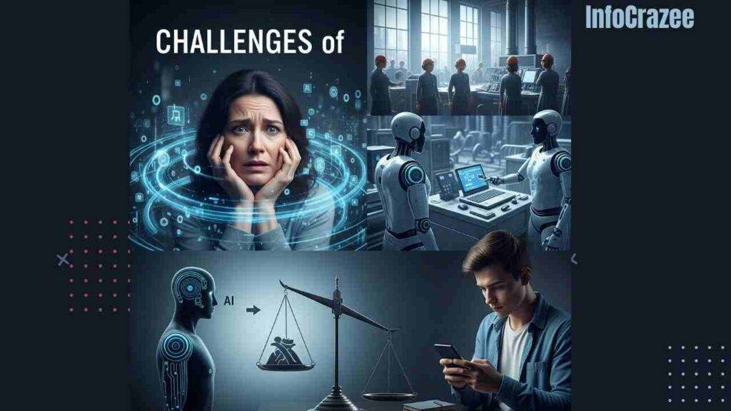 A darker, thoughtful collage illustrates AI's challenges: a worried person with digital data streams (privacy risks), robots replacing workers (job loss), an unfair scale (bias), and a confused person overly reliant on devices (overdependence). The mood is serious and cautionary, using cooler, muted tones.