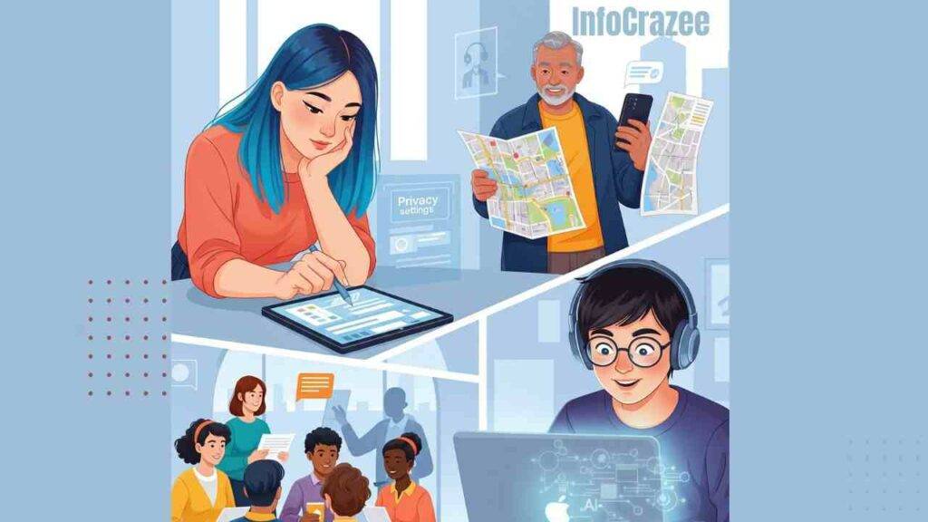 A hopeful scene depicts people actively engaging with AI in smart ways, including checking privacy settings, balancing AI use with traditional skills, discussing ethical AI, and learning new tech skills. The image radiates control, education, and responsible AI use.