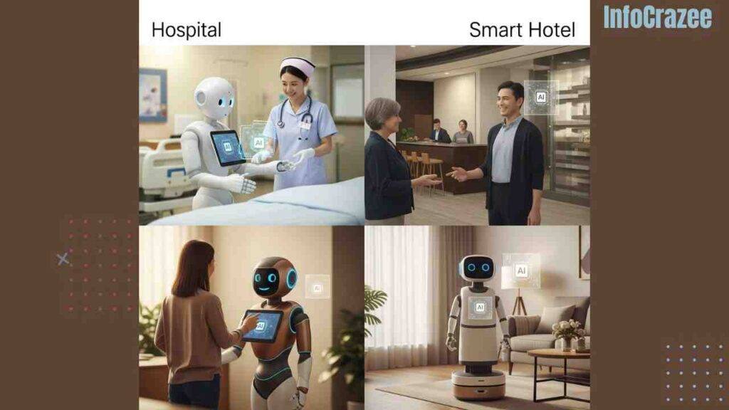 A near-future scene shows humanoid robots working alongside humans in a hospital, hotel, and home. The robots assist with tasks, seamlessly integrating advanced tech into everyday environments.