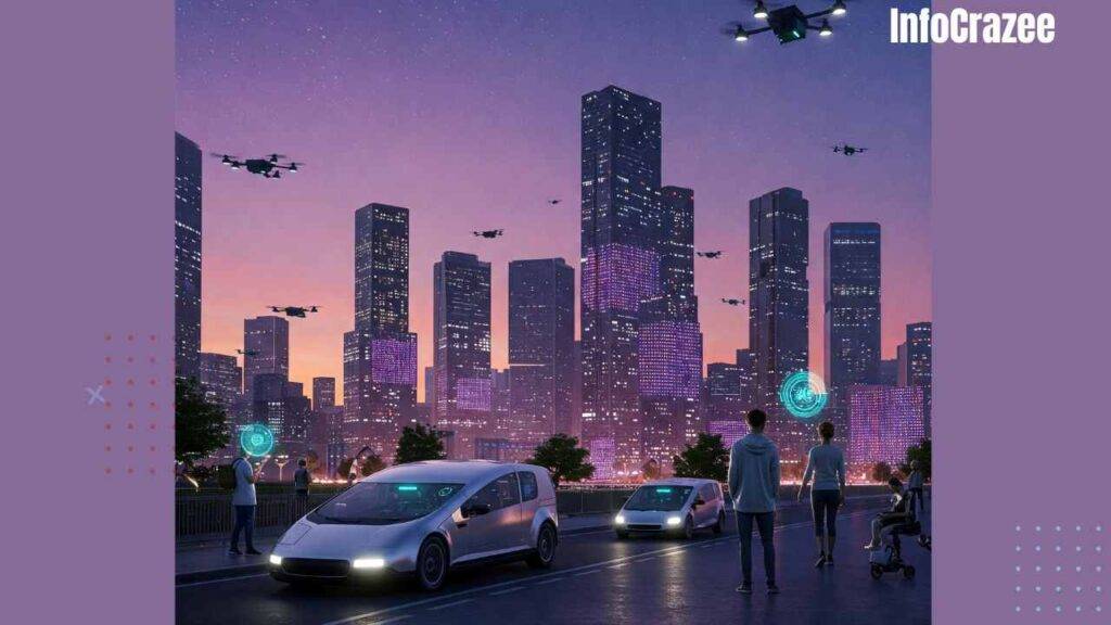 A futuristic city scene featuring autonomous vehicles on the roads, drones flying overhead, and people using AI-powered wearable devices. The environment includes sleek, modern buildings and a vibrant atmosphere, representing a world where artificial intelligence and automation are seamlessly integrated into everyday life.