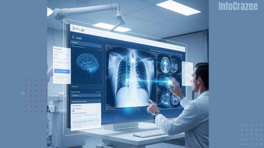 In a high-tech hospital diagnostic room, a doctor reviews real-time medical scans with Google's AMIE AI, visualized as a glowing interface highlighting areas of concern on X-rays, MRIs, and CT scans, alongside patient history. The scene uses cool medical colors and emphasizes speed and precision.