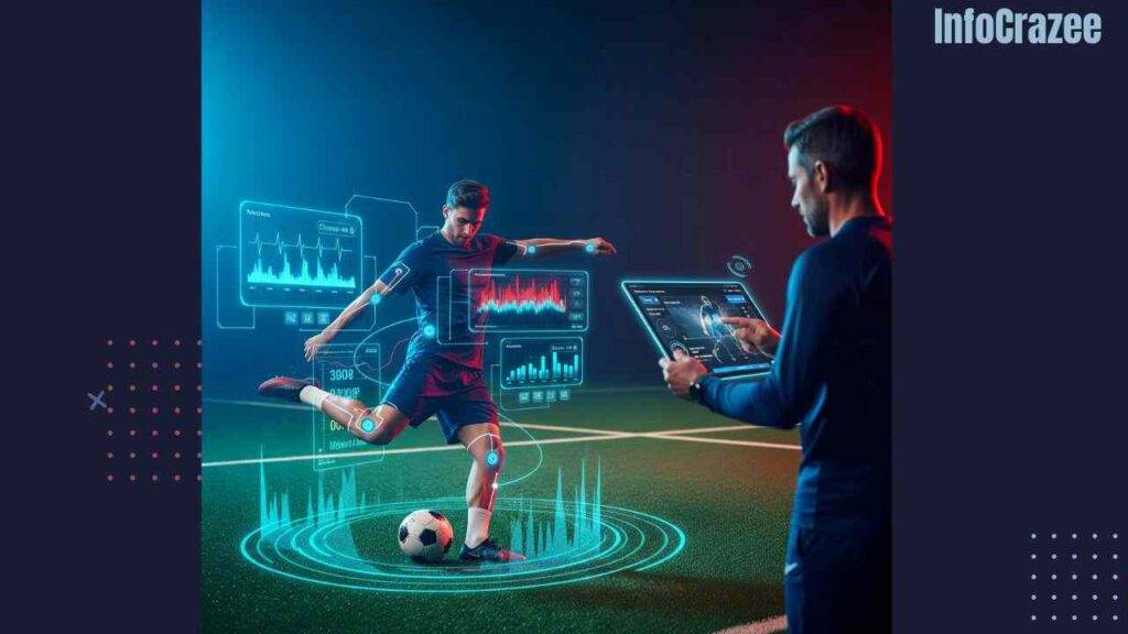 A soccer player trains on a futuristic field, surrounded by holographic data displays showing performance metrics. A coach uses a digital interface with AI-driven insights.