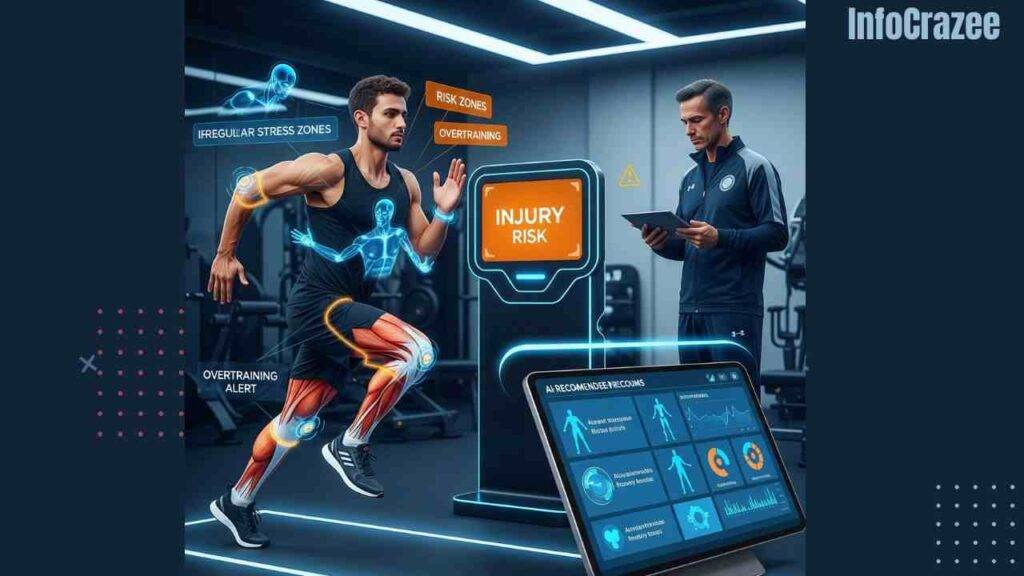 An athlete trains in a high-tech facility; AI visuals highlight muscle stress and injury risks, while a coach reviews AI-recommended recovery.