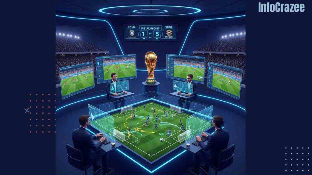 A digital command center overlooks a stadium, where coaches use AI on holographic screens to analyze real-time game footage and simulate strategies.