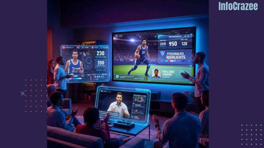 Fans watch a live game with interactive AI features, including holographic overlays showing stats and a virtual commentator breaking down plays.