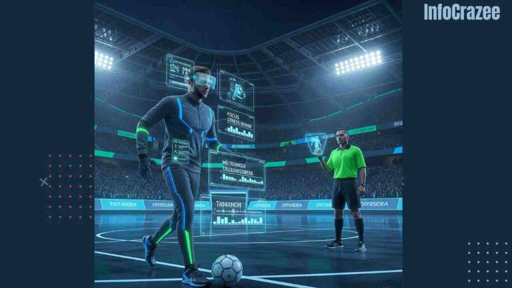 A futuristic sports arena features a player with AI-powered gear, real-time AR coaching, and holographic referee decisions.