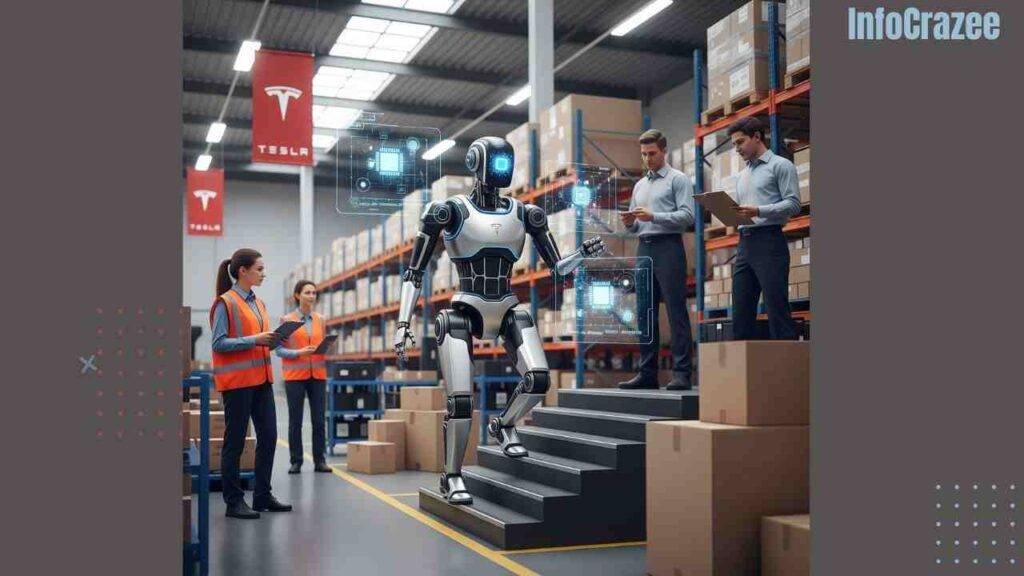 A Tesla Optimus robot autonomously navigates a busy warehouse, climbing stairs amidst boxes and people, its AI interface glowing and holographic data visible.
