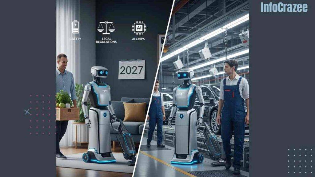 A split-screen showing a Tesla Optimus robot assisting a person in a living room and working on a factory assembly line, with digital icons representing challenges and a calendar showing "2027."