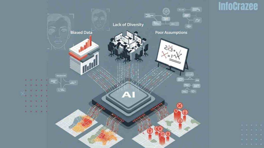 An AI system processing data from "Biased Data," "Lack of Diversity," and "Poor Assumptions," leading to unfair outcomes.