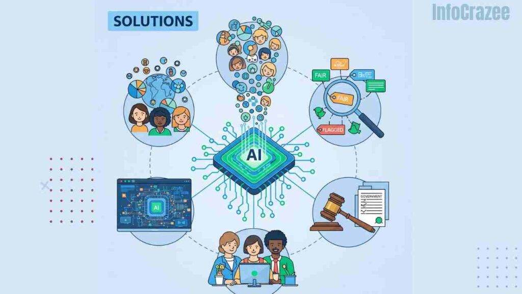 An AI system surrounded by solutions like diverse datasets, bias audits, inclusive design, transparent interfaces, and regulations, suggesting progress and fairness.