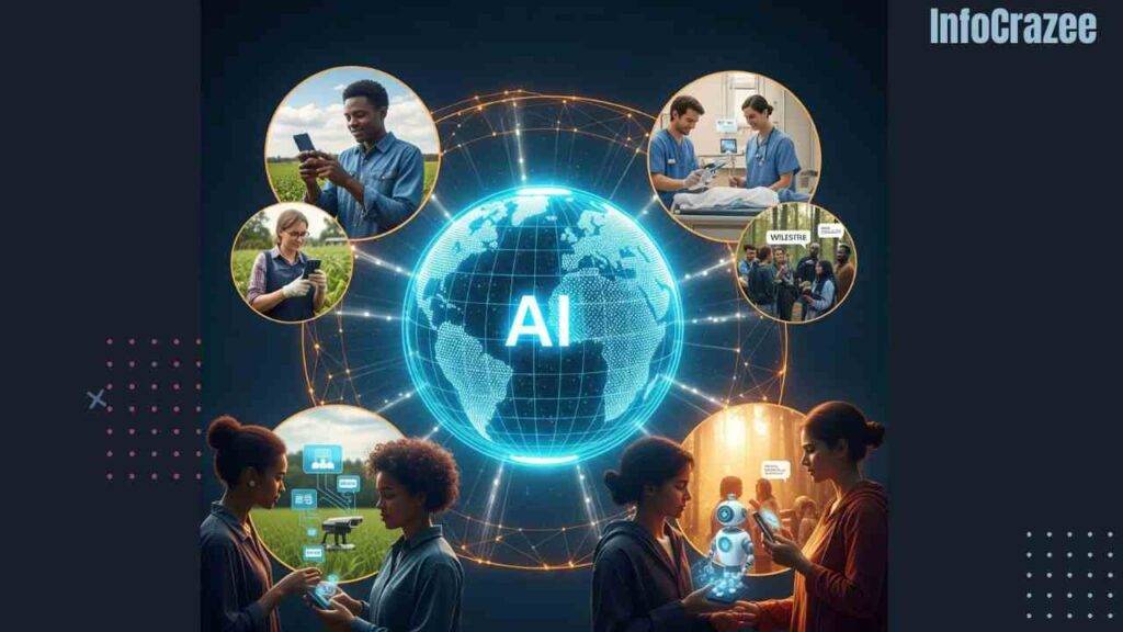 A glowing digital globe connects scenes of AI-powered solutions in farming, healthcare, disaster alerts, wildlife protection, and refugee assistance, symbolizing global progress.