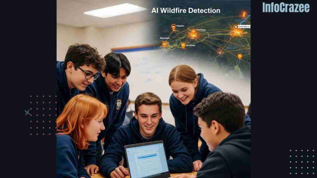High school students collaborate on a laptop to develop an AI wildfire detection app, with alerts spreading to a fire department.