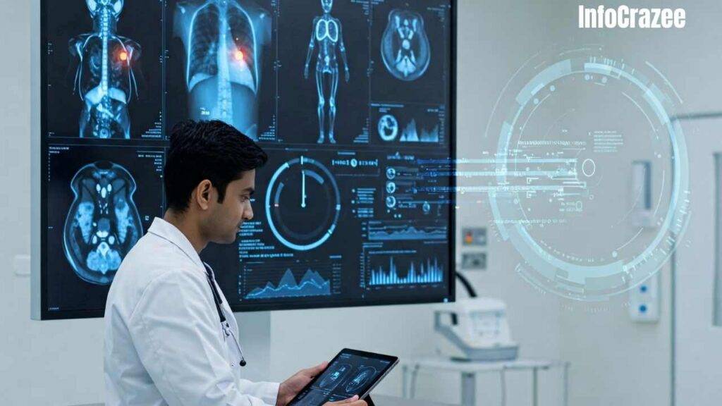In a clean and high-tech hospital radiology room, a doctor in a white coat examines a tablet displaying AI-generated insights from medical scans. A large monitor in the background shows various body scans and a prominent digital clock, symbolizing the speed and efficiency of AI in diagnostics.