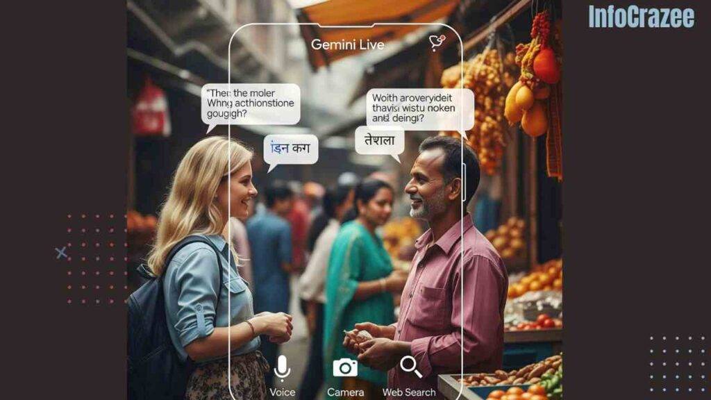 A smartphone interface showing Google's Gemini Live translating a conversation between a tourist and a vendor in a market, with real-time speech bubbles.
