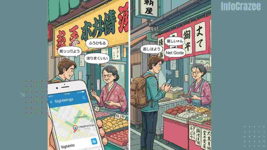 A tourist uses a phone to translate a conversation with a vendor in a Tokyo street market, with translated speech bubbles and a map.