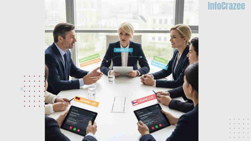 A video conference shows international clients using Gemini Live to translate German and English in real-time, displaying technical terms.