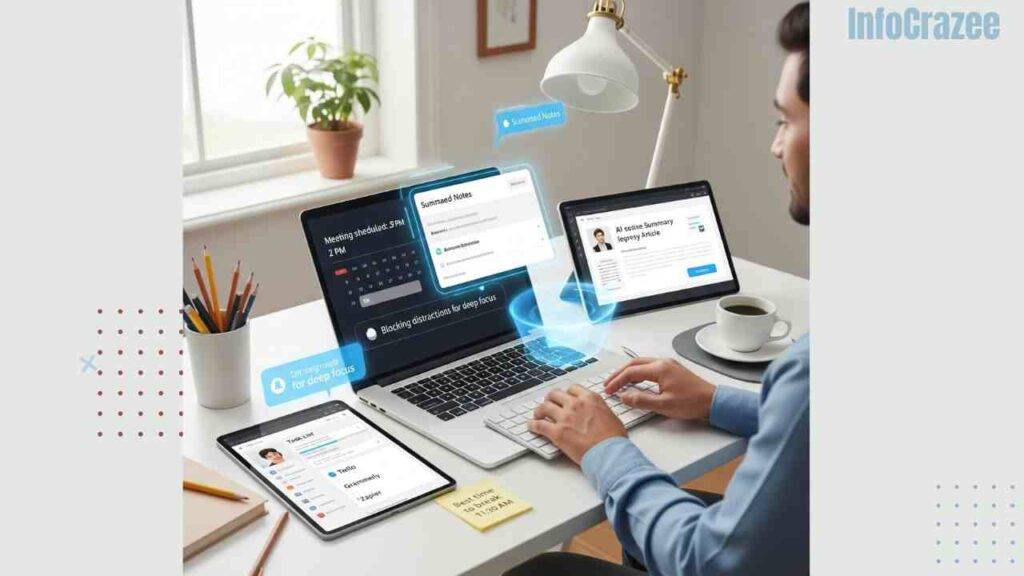 A bright, modern home office with a person working on a laptop. A holographic AI assistant displays meeting notes, a calendar shows a 2 PM meeting with reminders, and a notification indicates distractions are blocked. A nearby tablet has a prioritized task list, a virtual sticky note suggests a break time, and another screen shows an AI summarizing an article with recommended tools.