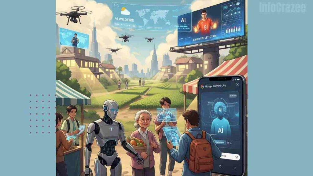 A futuristic city scene shows a humanoid robot helping an elderly person with groceries, a traveler using real-time translation on a smartphone, smart homes with AI lighting, drones monitoring crops, students using AI tutors, and digital billboards showing AI wildfire detection and sports data analysis. Holographic overlays display weather and health data in the sky.