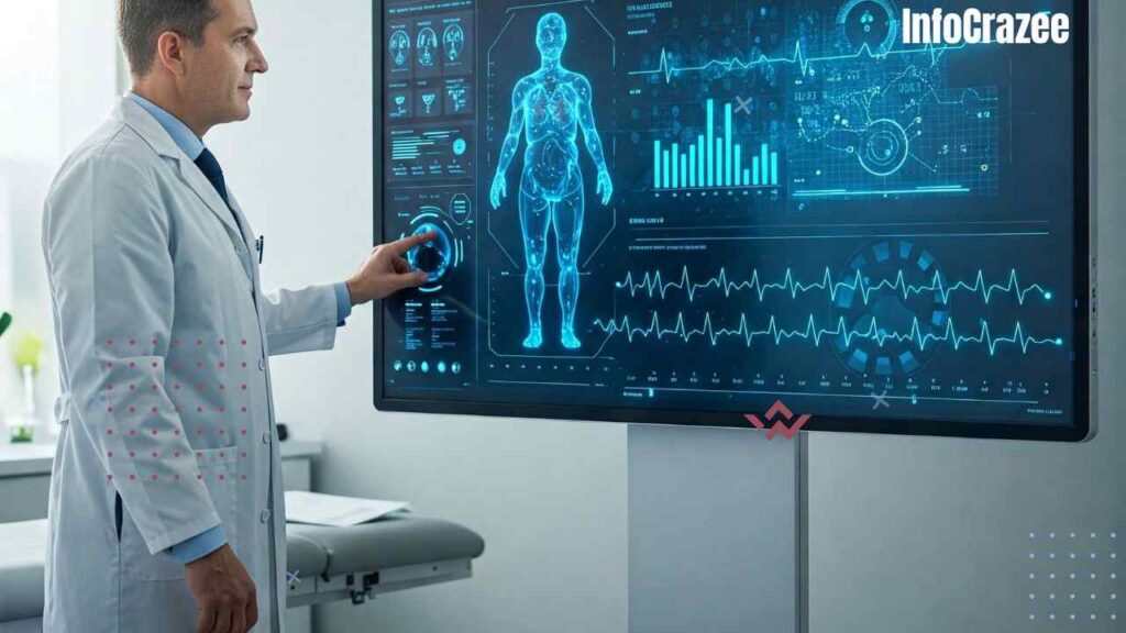 A doctor and AI collaborate in a medical office setting. The doctor reviews results on a large screen, where the AI compares the patient's case to thousands of others, providing a second opinion.