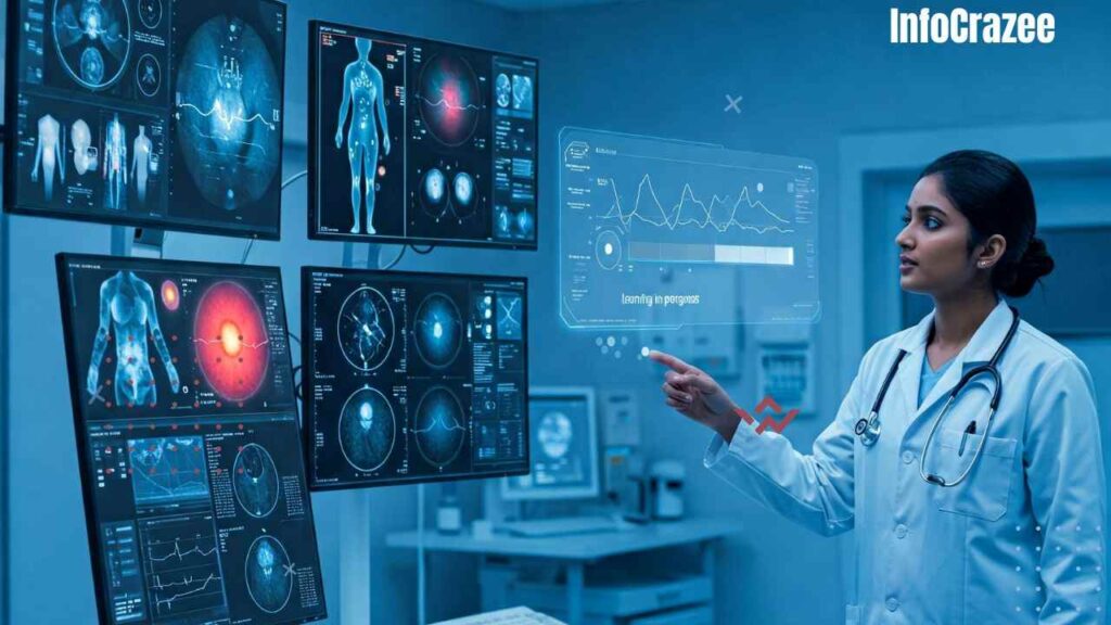 A futuristic medical lab with multiple screens displaying AI-analyzed health data (mammograms, EKGs, retinal scans) and a doctor observing the AI's findings.