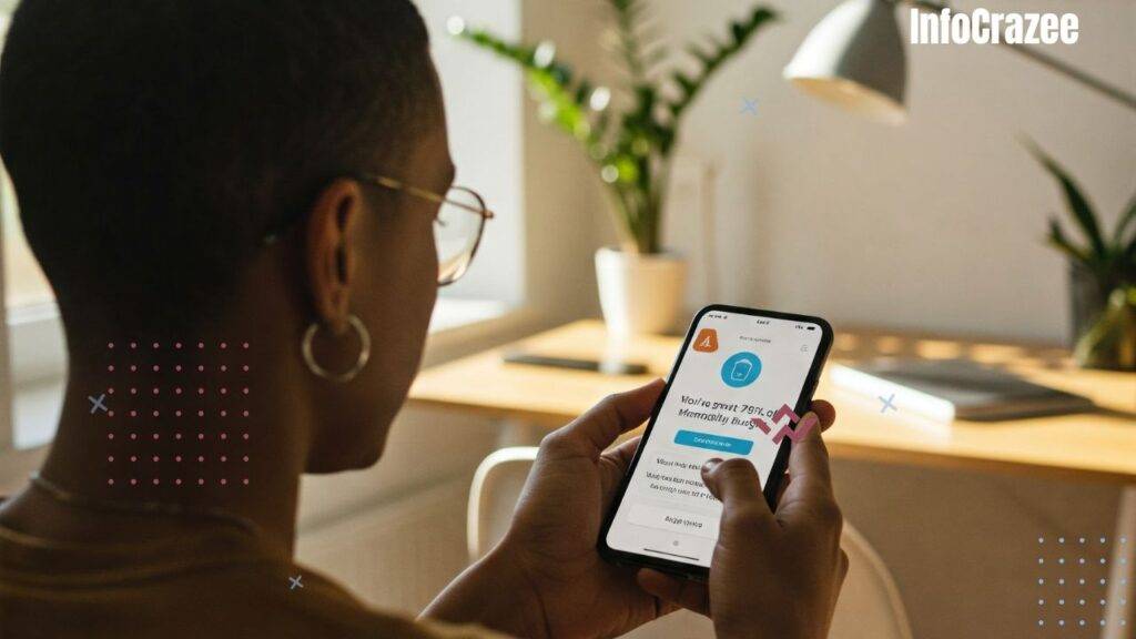 Imagine a person checking their banking app on their phone. The screen shows a friendly alert: 'You’ve spent 70% of your monthly budget. Want to set a spending limit for the rest of the month?' The app looks sleek and modern with clear, easy-to-read graphics. The background shows a cozy home or office environment, representing how AI can help manage personal finances in a seamless and stress-free way.