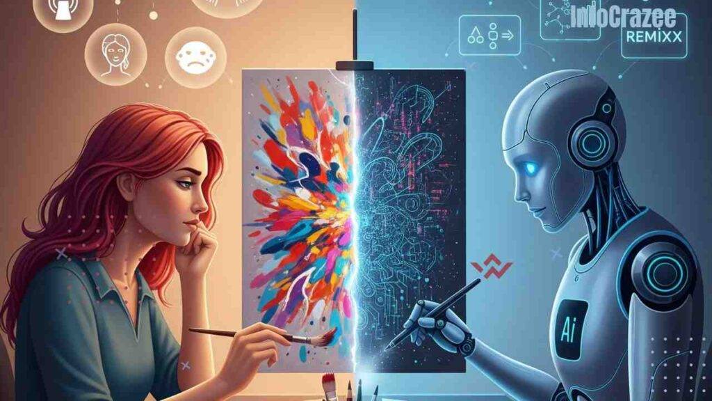 A digital illustration depicts a human artist and an AI robot sharing a creative desk. The human paints expressively, while the robot uses a stylus on a glowing screen. A shared canvas blends their styles. Icons above represent human emotion and AI data, emphasizing their collaborative creativity