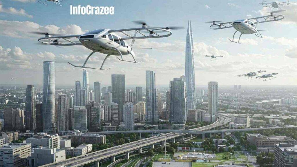 A futuristic cityscape is depicted with flying cars navigating the sky. Some prototype vehicles hover above the urban landscape, showcasing electric vertical take-off and landing (eVTOL) technology. The bustling city below combines high-rise buildings and roads, illustrating the integration of modern infrastructure with innovative air mobility. The sleek flying cars, in their early stages of development, reflect a blend of excitement and the challenges of this new technology. A futuristic skyline and testing grounds for the flying cars are also visible.